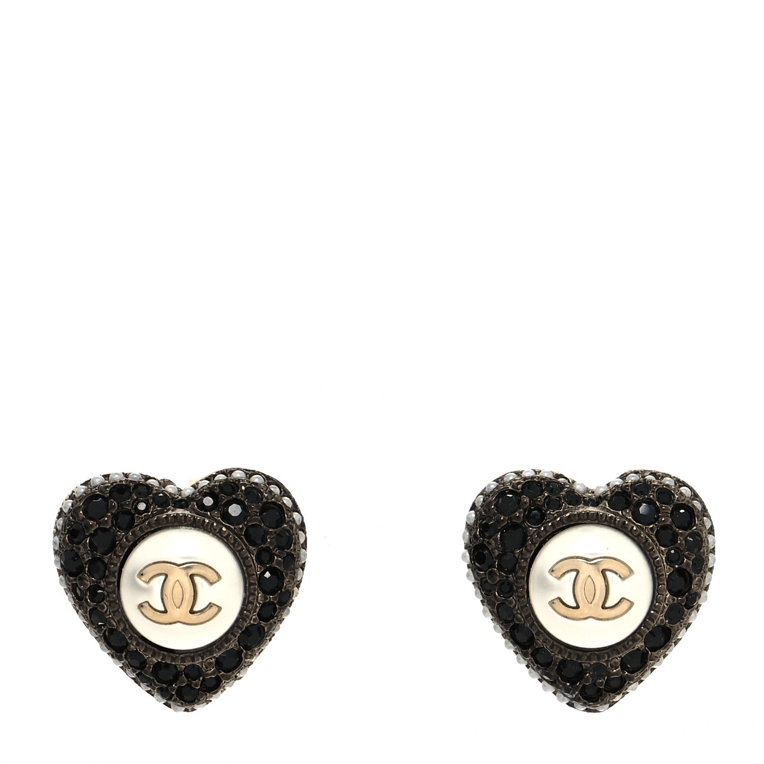 Chanel Pearl Crystal CC Heart Earrings Gold Black 1 of 4