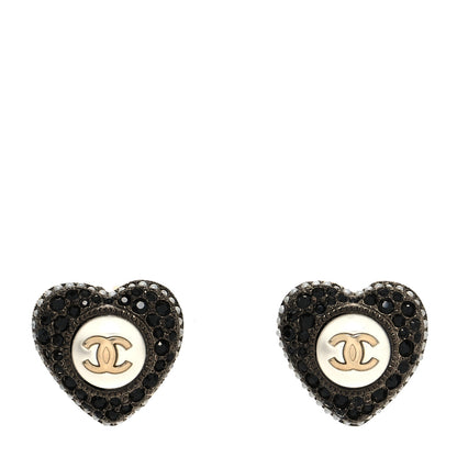 Chanel Pearl Crystal CC Heart Earrings Gold Black 1 of 4