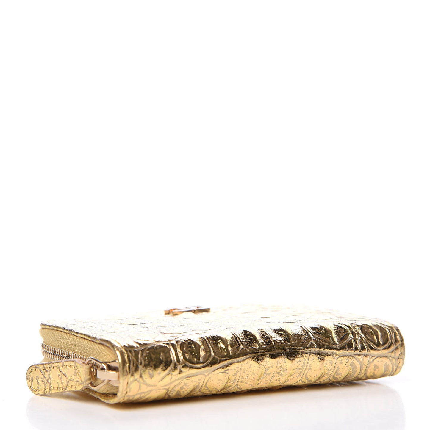 Metallic Calfskin Crocodile Embossed Cocodile Zip Coin Case Gold