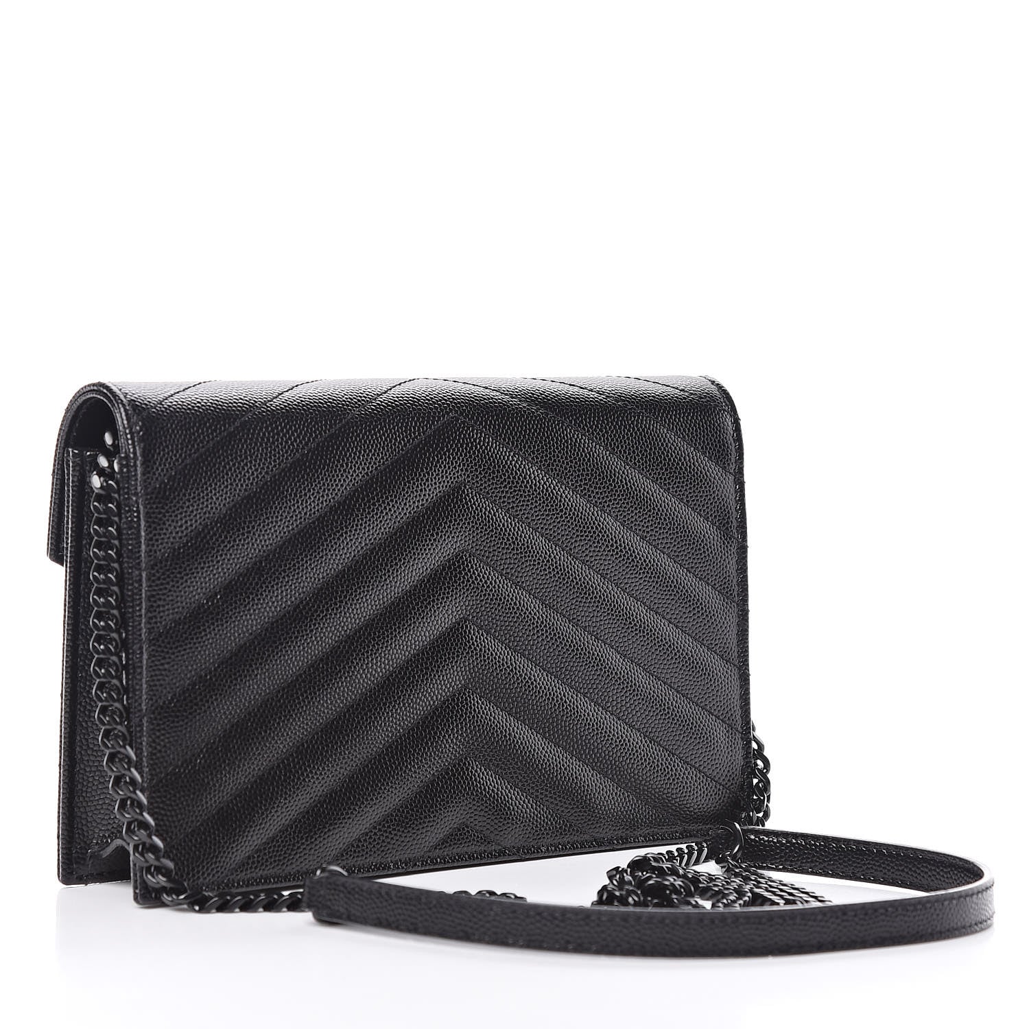 Saint Laurent Grain De Poudre Matelasse Chevron Monogram Envelope Chain Wallet Black 3 of 11
