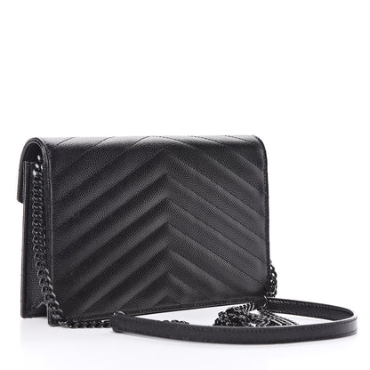 Saint Laurent Grain De Poudre Matelasse Chevron Monogram Envelope Chain Wallet Black 3 of 11