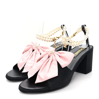 Chanel Silk Pearl Bow CC Ankle Strap Sandals 39.5 Pink Black 4 of 10