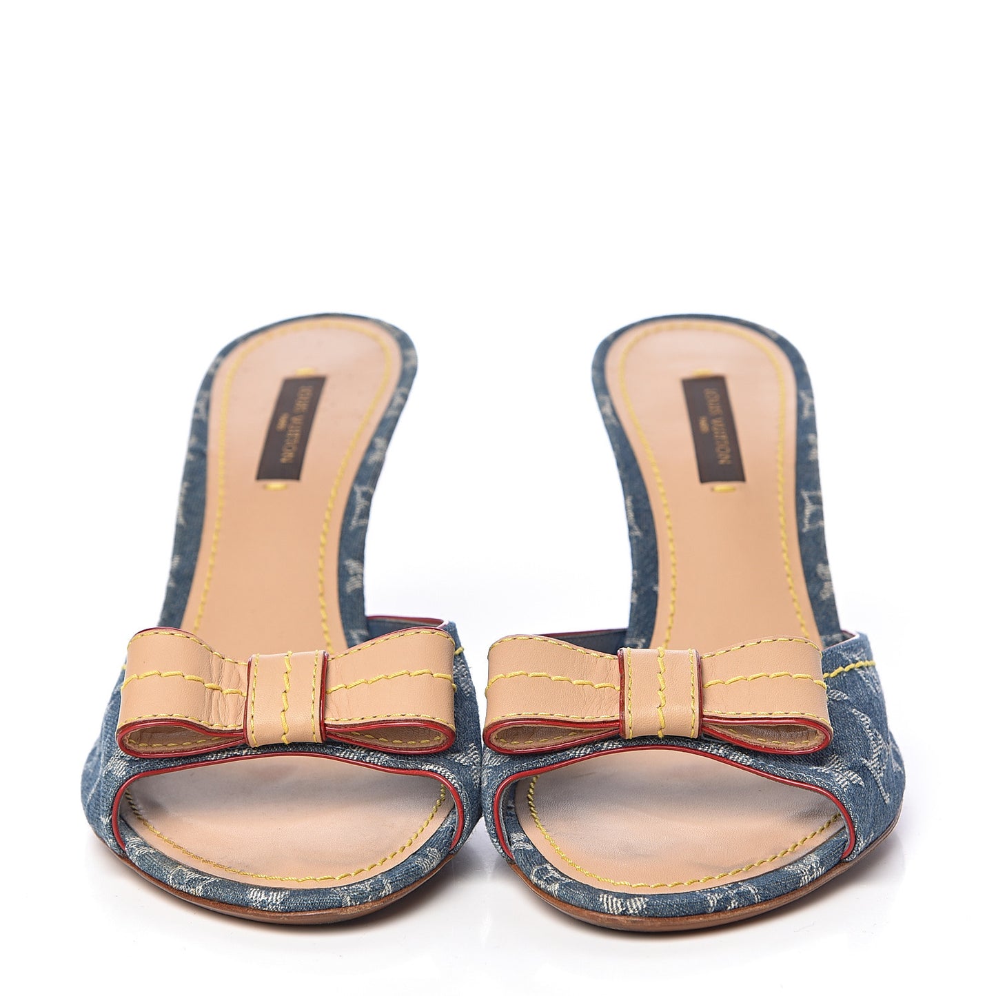 Denim Monogram Bow Mules Peep Toe Heels 38