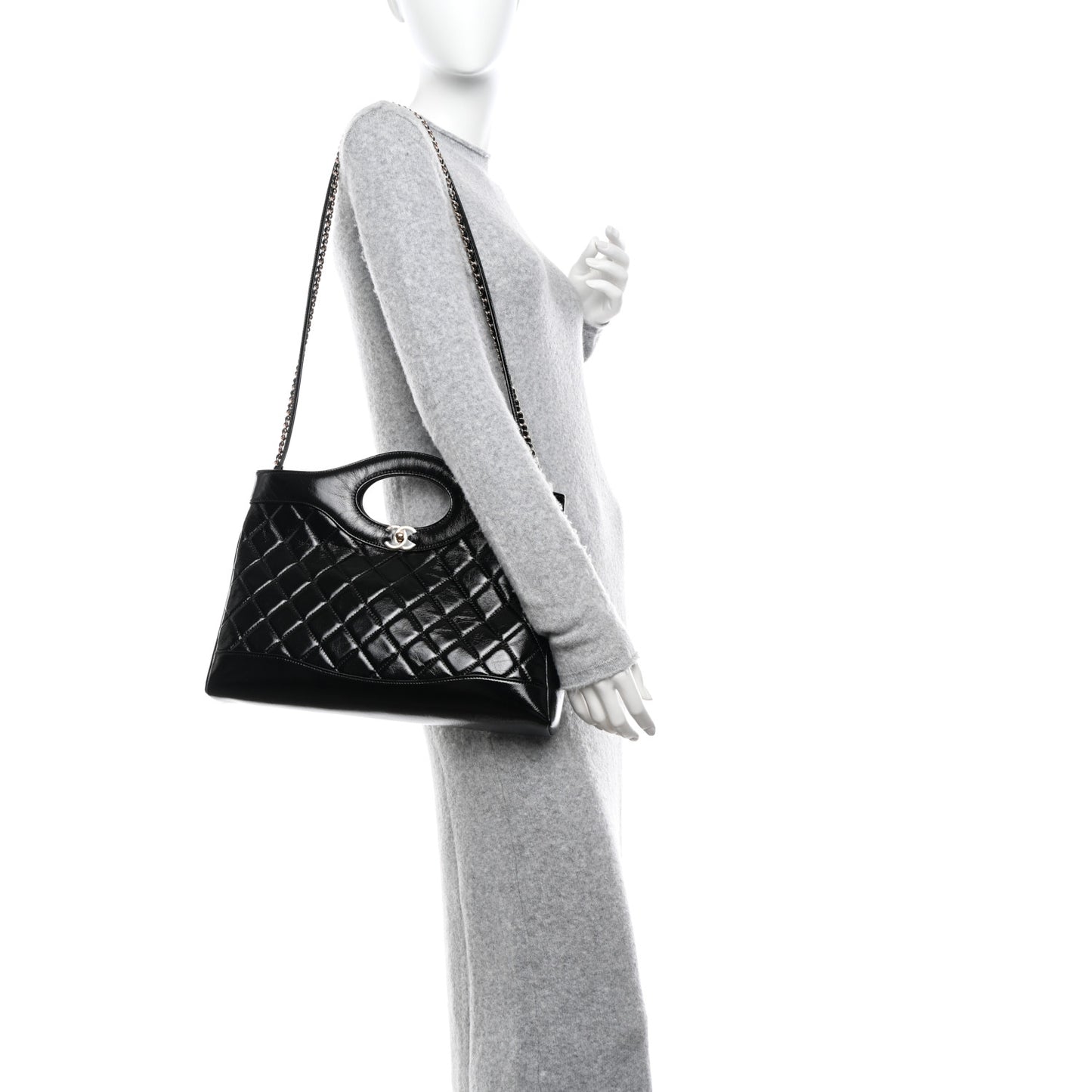 Shiny Lambskin Quilted 31 Shopping Bag Black