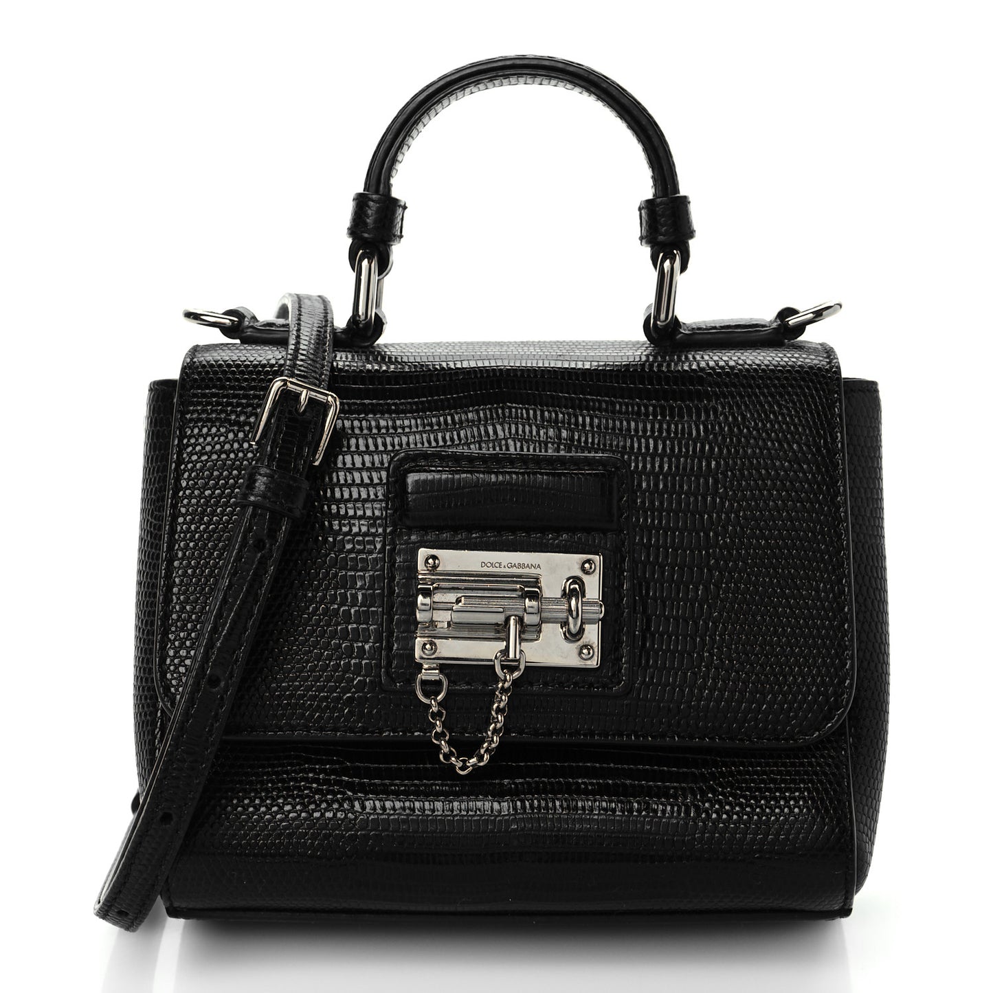 Lizard Calfskin Embossed Small Monica Top Handle Bag Black