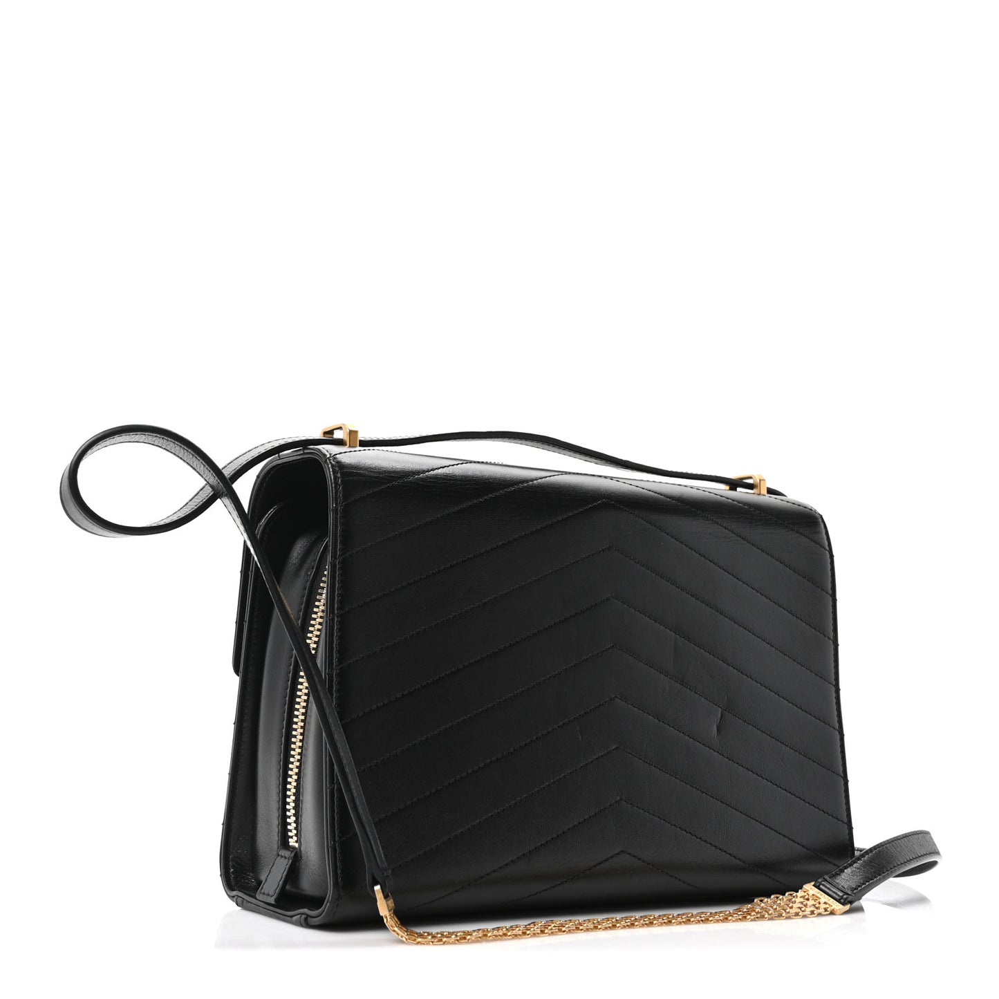 Calfskin Chevron Quilted Medal Flap Black
