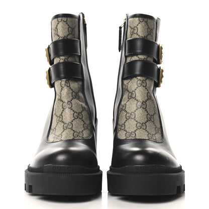Gucci Kensington Calfskin Nappa GG Supreme Monogram Womens Double Buckle Ankle Boots 40 Black 3 of 9