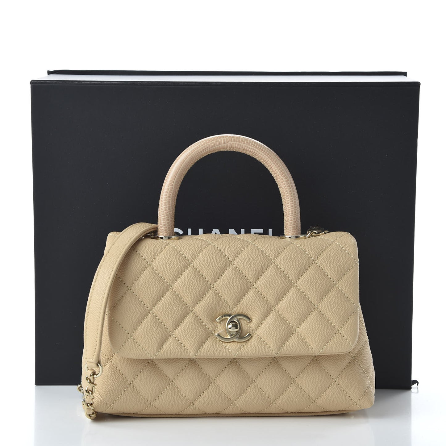 Caviar Lizard Quilted Mini Coco Handle Flap Beige