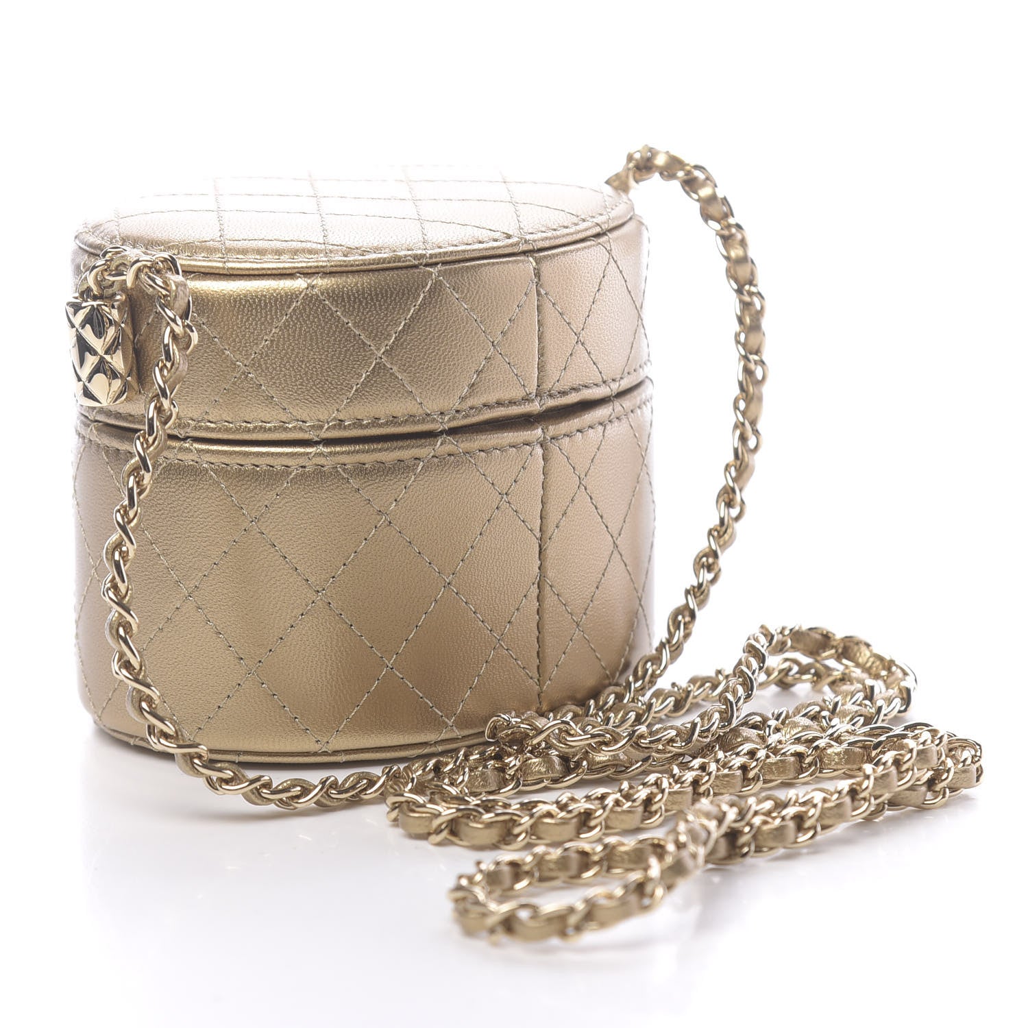 Chanel Metallic Lambskin Quilted Round Mini Vanity Case With Chain Gold 3 of 12