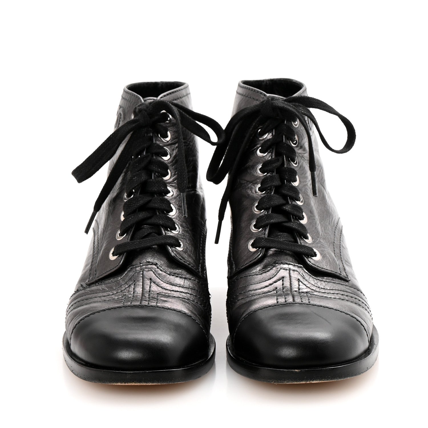 Chanel Crumpled Calfskin CC Lace Up Boots 37 Grey Black 3 of 11