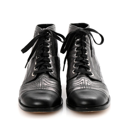 Chanel Crumpled Calfskin CC Lace Up Boots 37 Grey Black 3 of 11