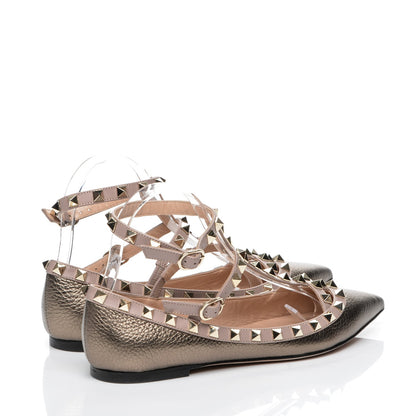 Valentino Garavani Metallic Pebbled Calfskin Rockstud Cage Ballerina Flats 36.5 Sasso Poudre 4 of 8