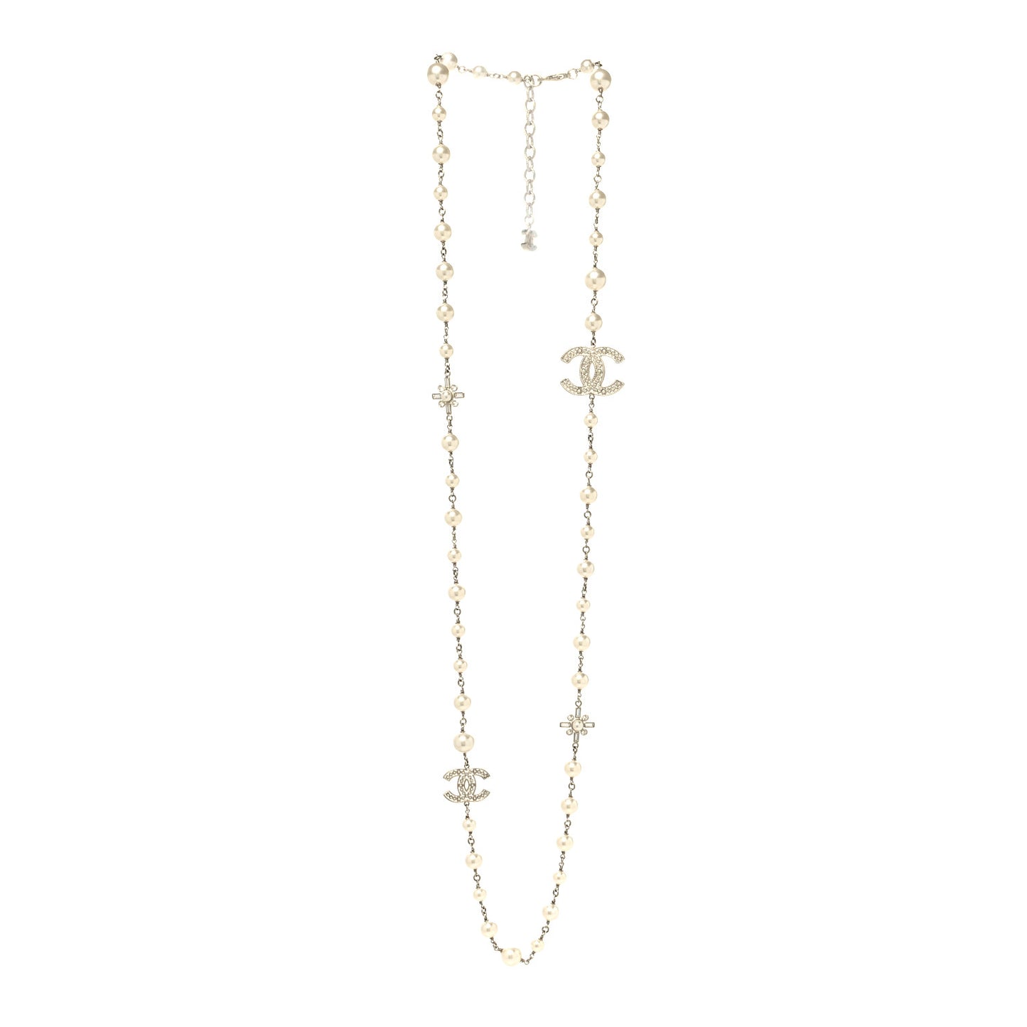 Crystal Baguette Pearl CC Cross Necklace Gold