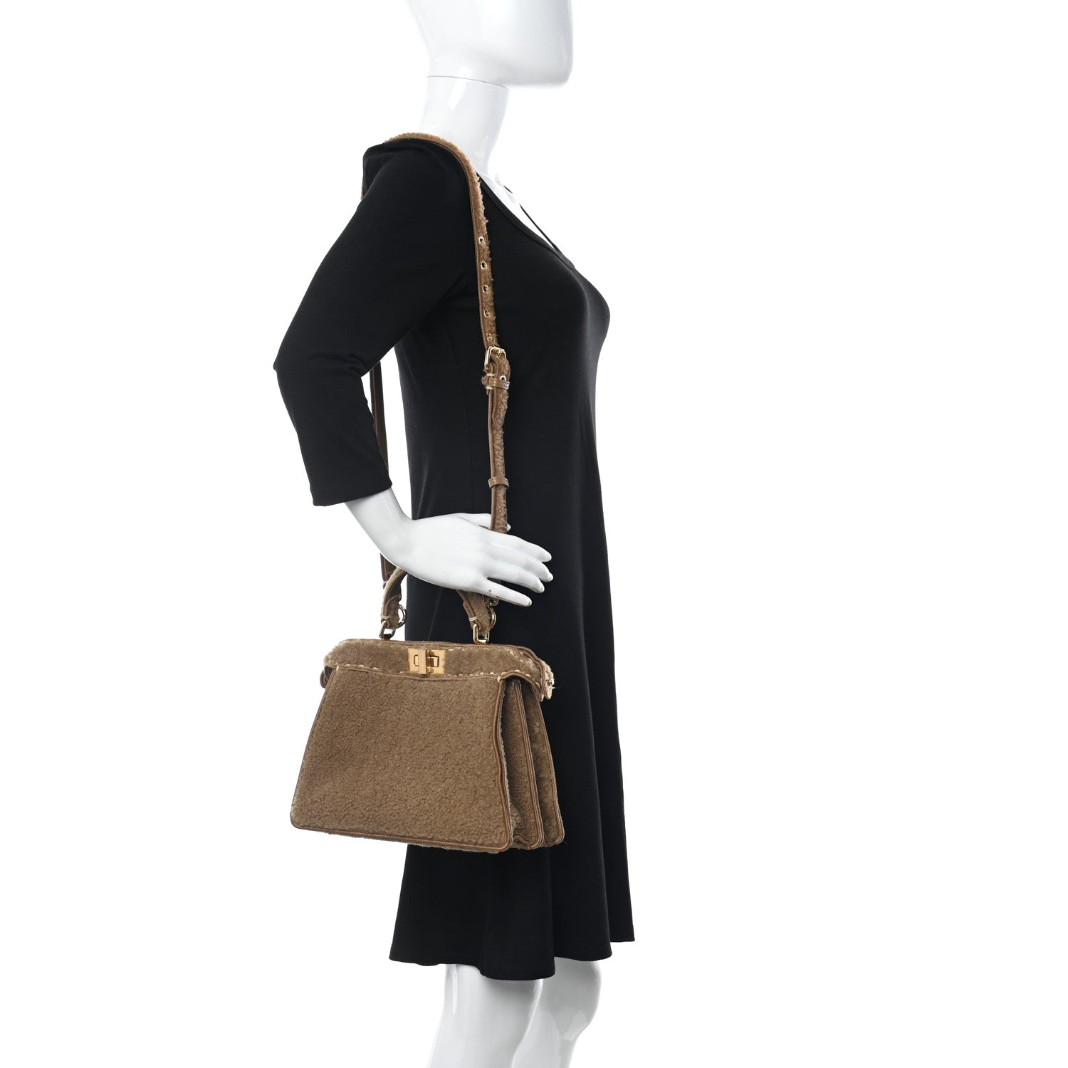 Fendi Curly Shearling Shiny Nappa Small Peekaboo I SEE U Satchel Camel 3 of 10