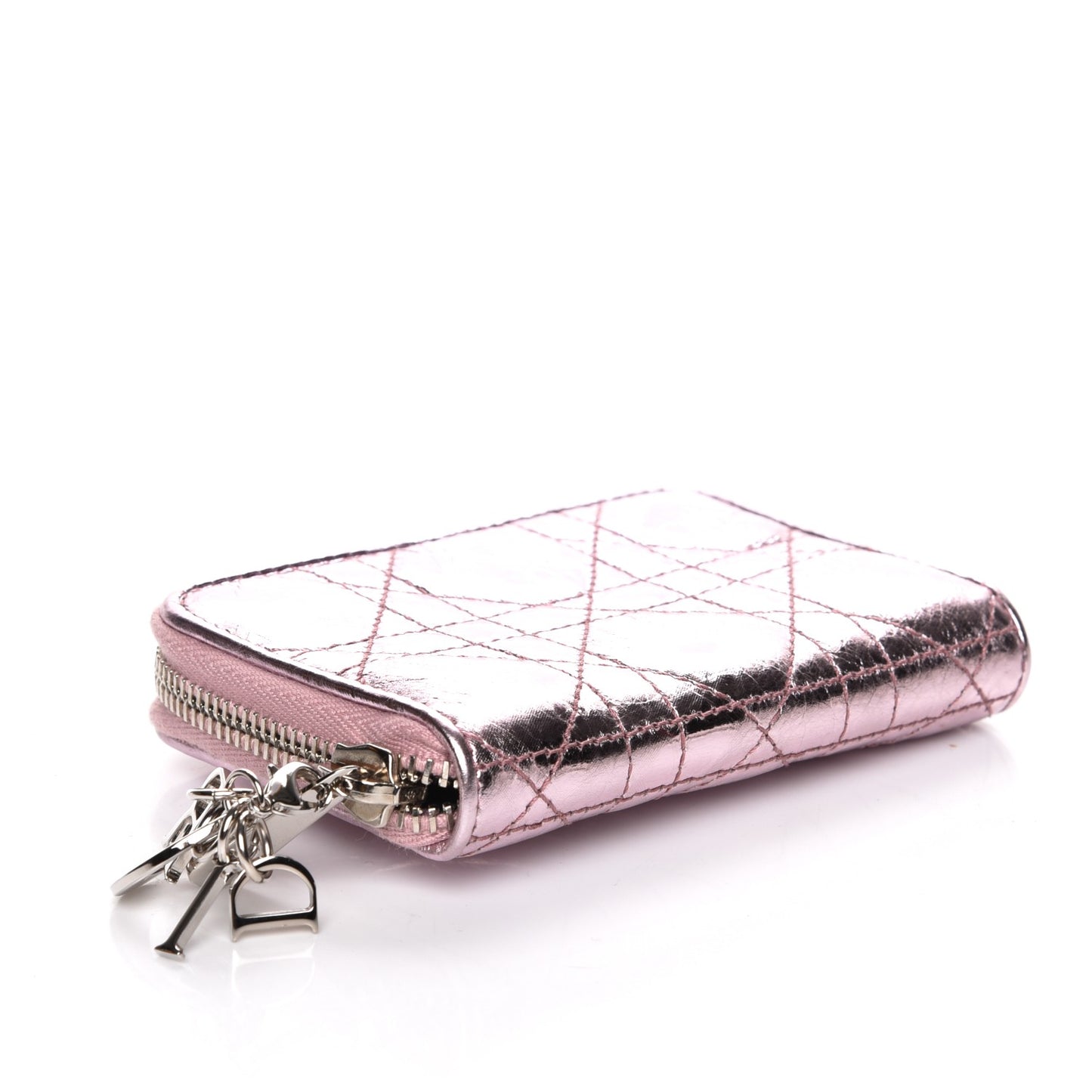 Metallic Calfskin Cannage Mini Lady Dior Zip Portemonnaie Pink