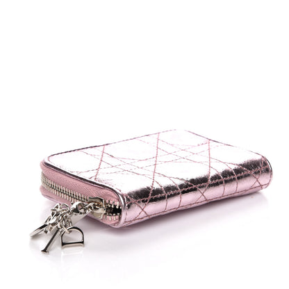 Christian Dior Metallic Calfskin Cannage Mini Lady Dior Zip Portemonnaie Pink 4 of 7