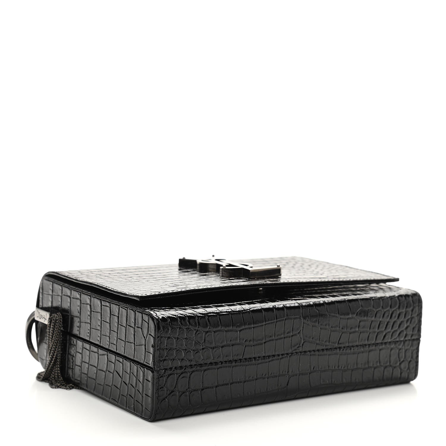 Saint Laurent Calfskin Crocodile Embossed Monogram Small Kate Slide Chain Crossbody Box Bag Black 4 of 10
