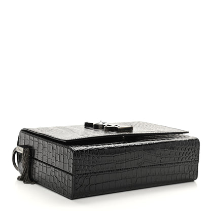 Saint Laurent Calfskin Crocodile Embossed Monogram Small Kate Slide Chain Crossbody Box Bag Black 4 of 10