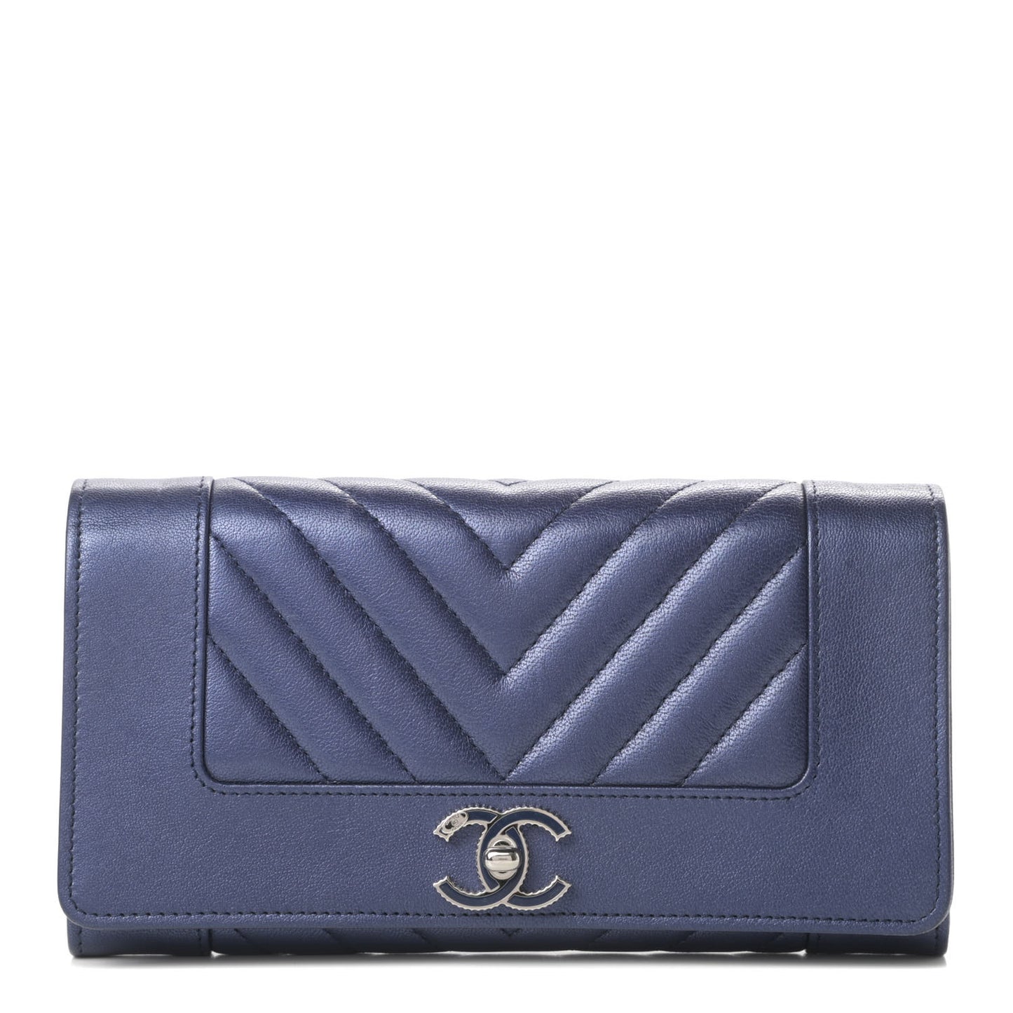 Metallic Sheepskin Chevron Quilted Mademoiselle Vintage Flap Wallet Navy