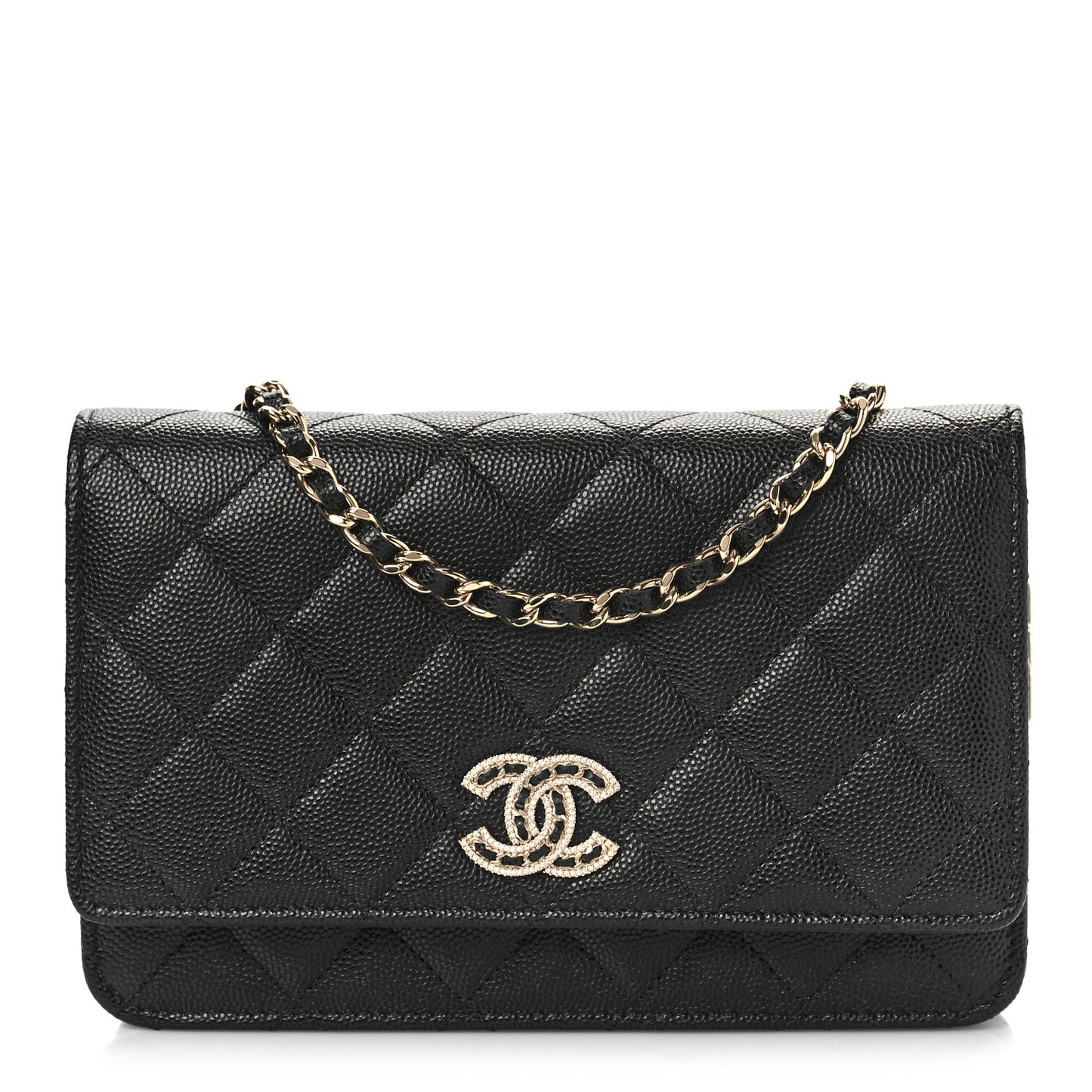 Caviar Quilted Crystal CC Wallet On Chain WOC Black