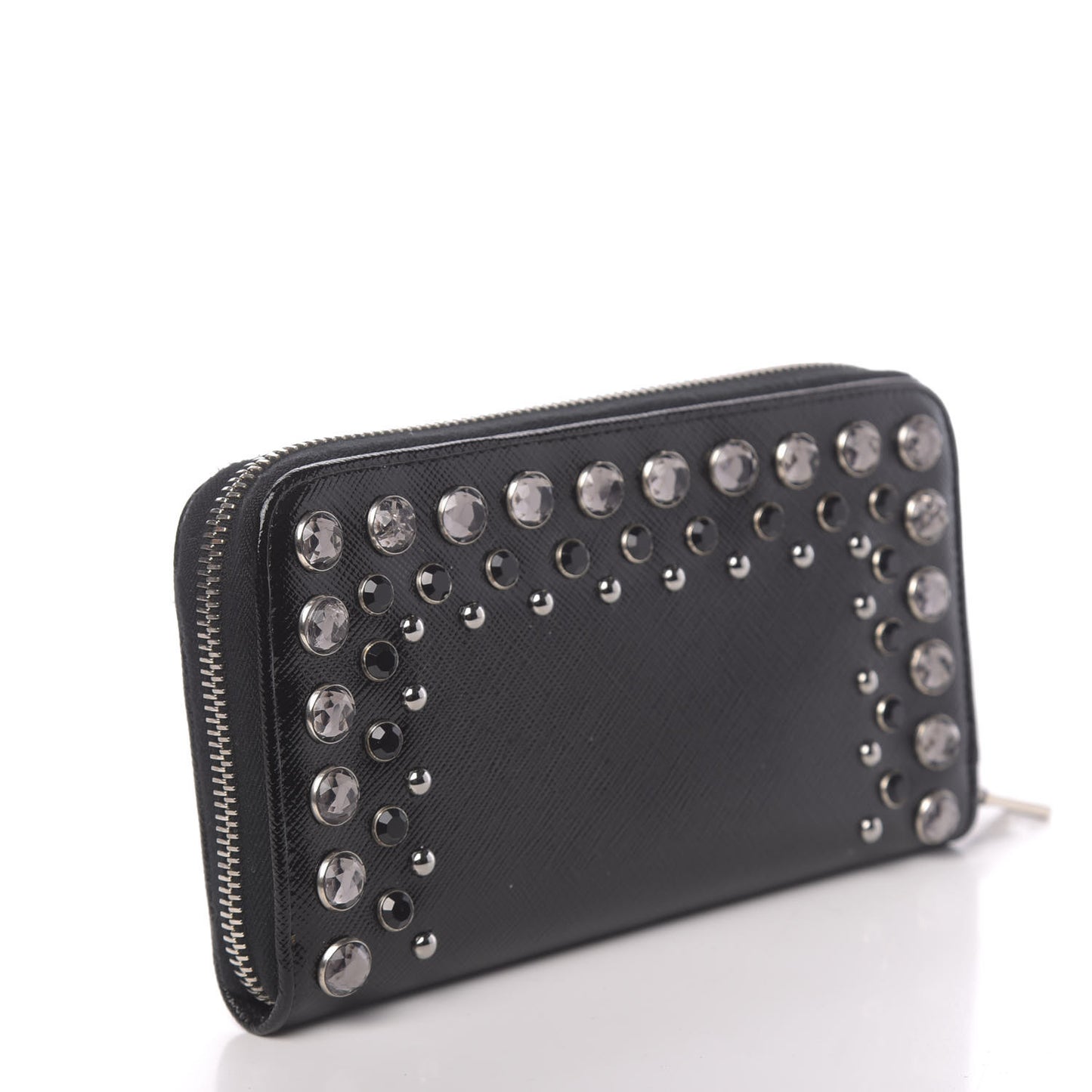 Saffiano Vernice Crystal Studded Zip Around Wallet Black