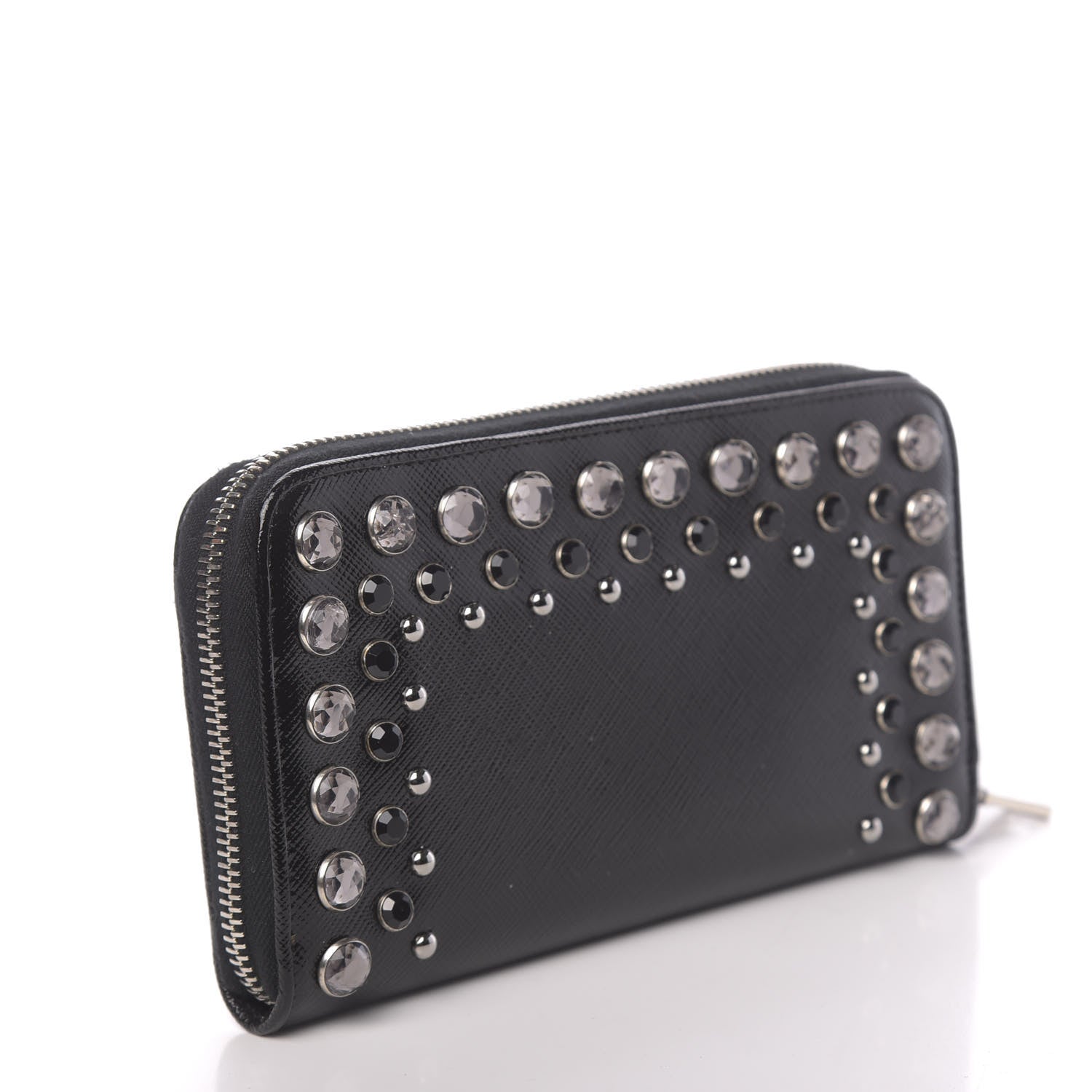 Prada Saffiano Vernice Crystal Studded Zip Around Wallet Black 3 of 6