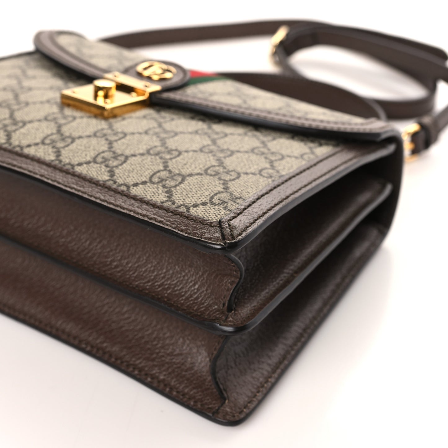 GG Supreme Monogram Textured Dollar Calfskin Web Small Ophidia Padlock Top Handle Bag Beige Ebony New Acero