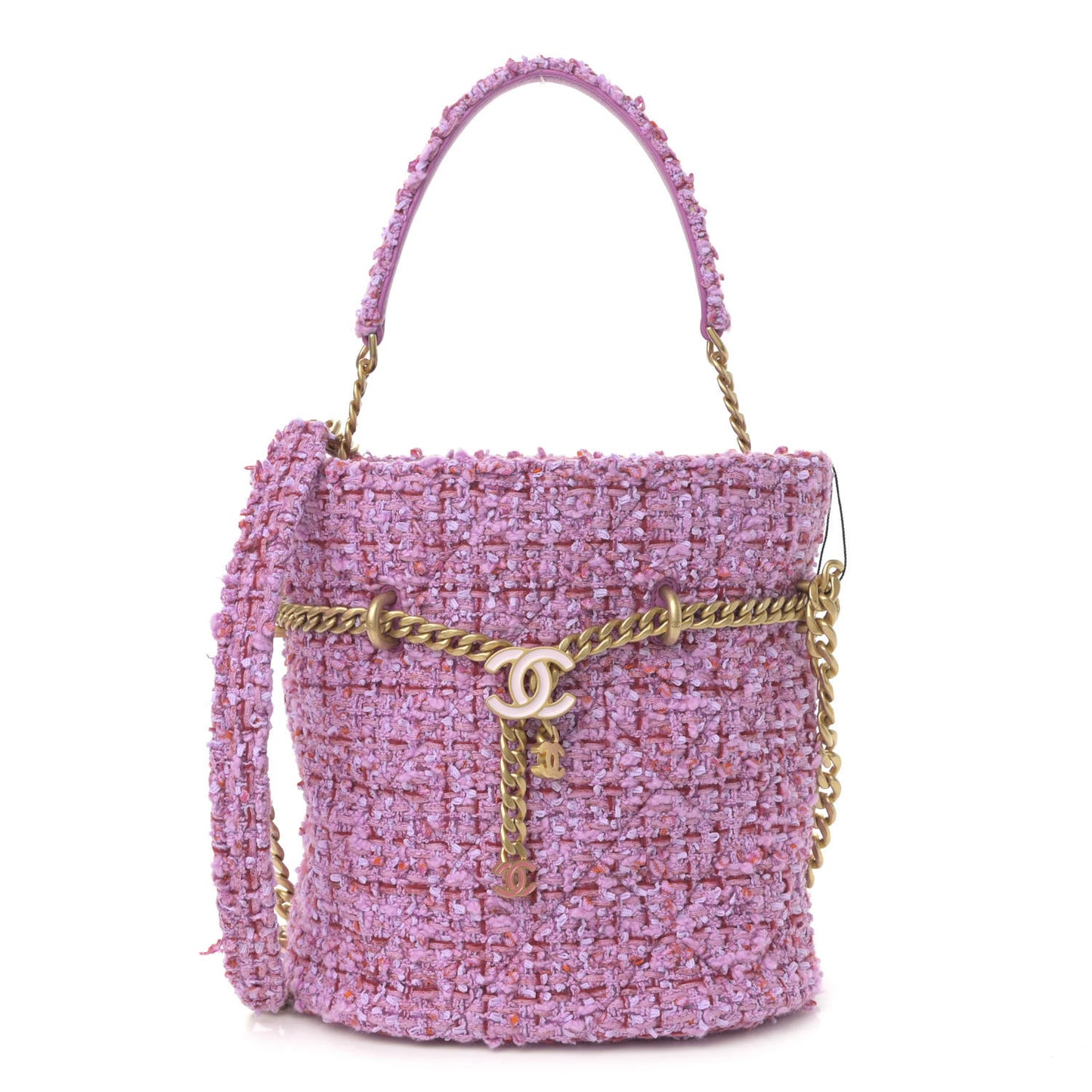Tweed Enamel Quilted Pending CC Bucket Drawstring Bag Light Purple Pink Red