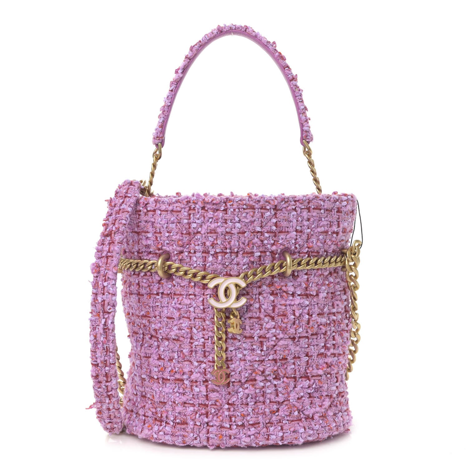 Chanel Tweed Enamel Quilted Pending CC Bucket Drawstring Bag Light Purple Pink Red 1 of 10