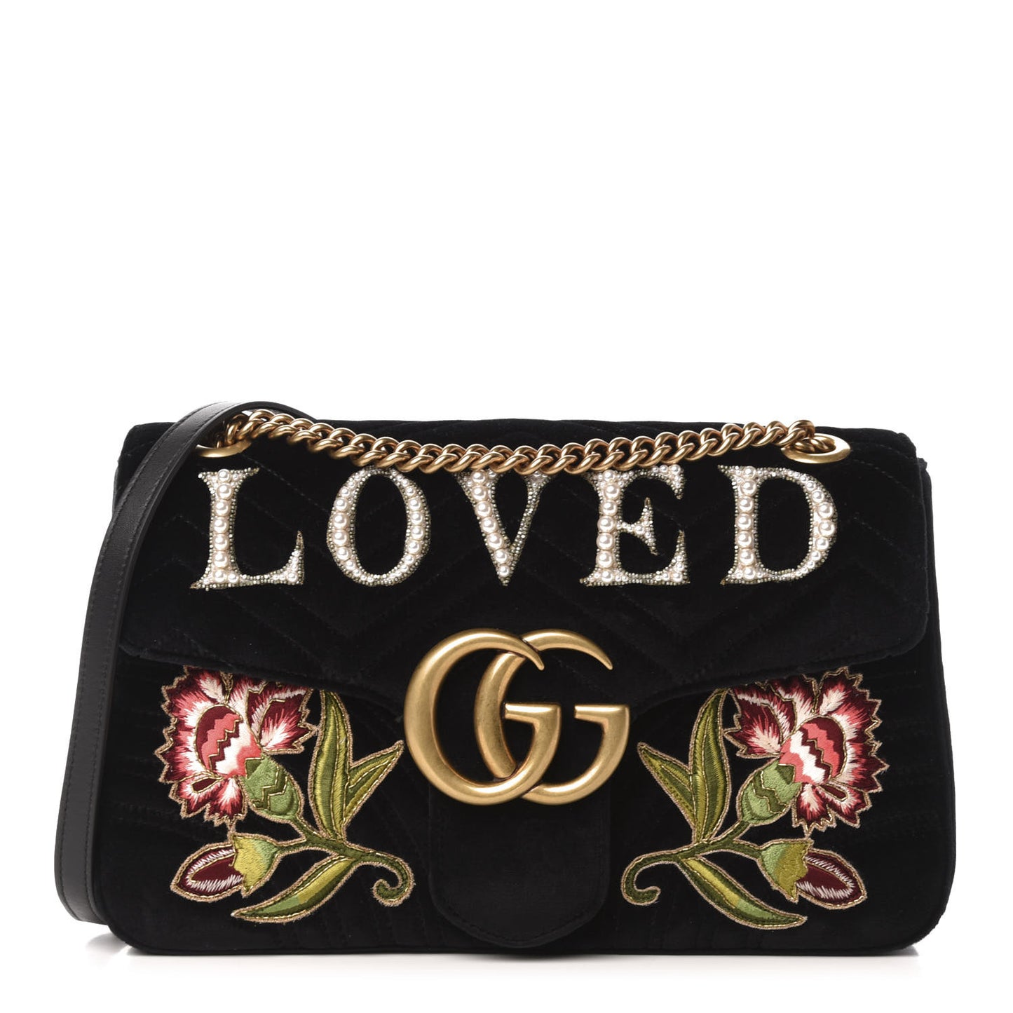 Velvet Matelasse Loved Embroidered Medium GG Marmont Shoulder Bag Black