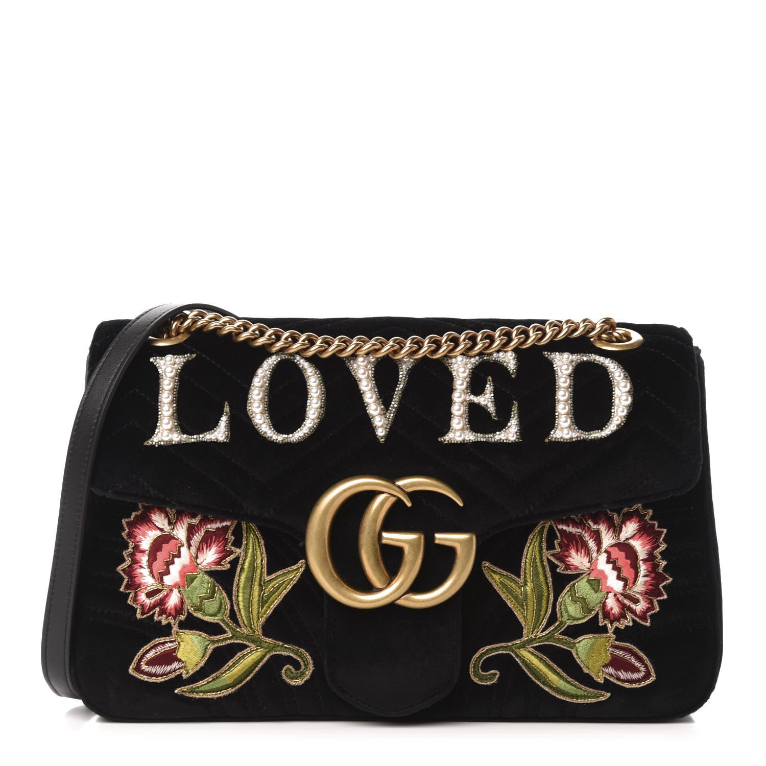 Gucci Velvet Matelasse Loved Embroidered Medium GG Marmont Shoulder Bag Black 1 of 11