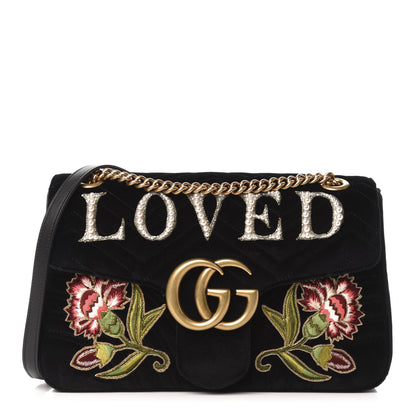 Gucci Velvet Matelasse Loved Embroidered Medium GG Marmont Shoulder Bag Black 1 of 11