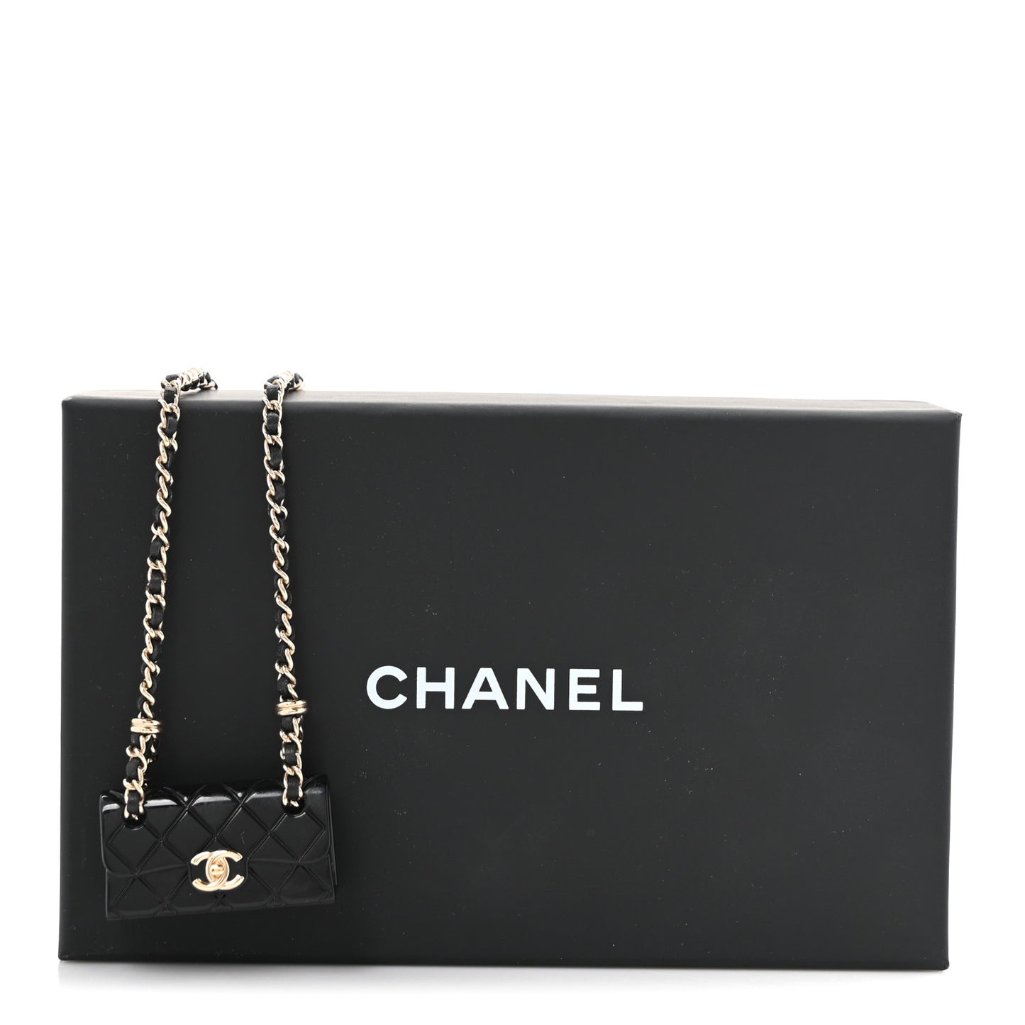 Metal Resin Calfskin Quilted CC Turnlock Chain Bag Necklace Gold Black