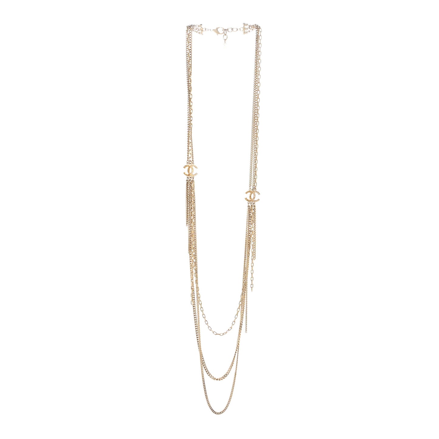 Baguette Crystal Gripoix Poured Glass CC Multi Strand Chain Necklace Light Gold