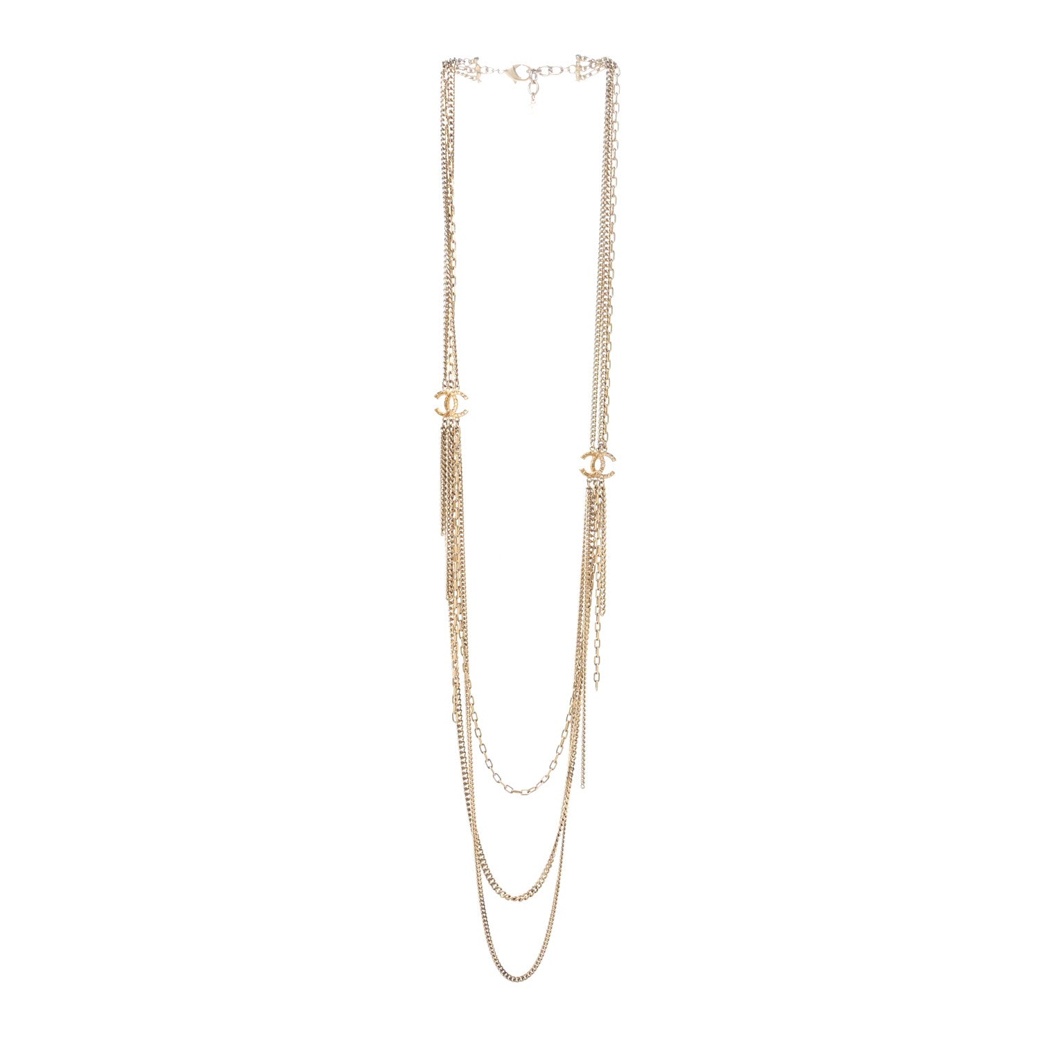 Chanel Baguette Crystal Gripoix Poured Glass CC Multi Strand Chain Necklace Light Gold 2 of 3