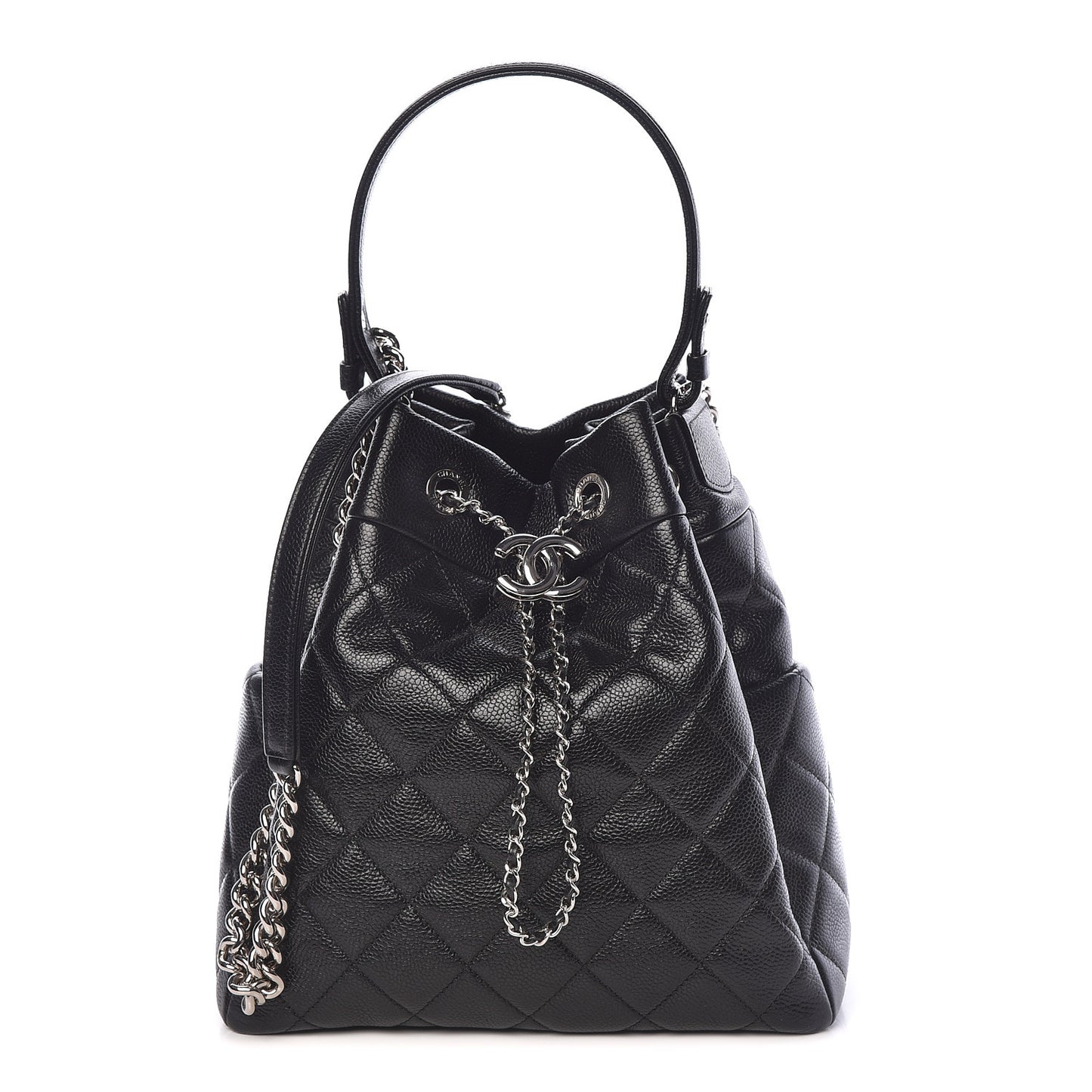 Grained Calfskin Quilted Medium CC Chain Bucket Drawstring Bag Black