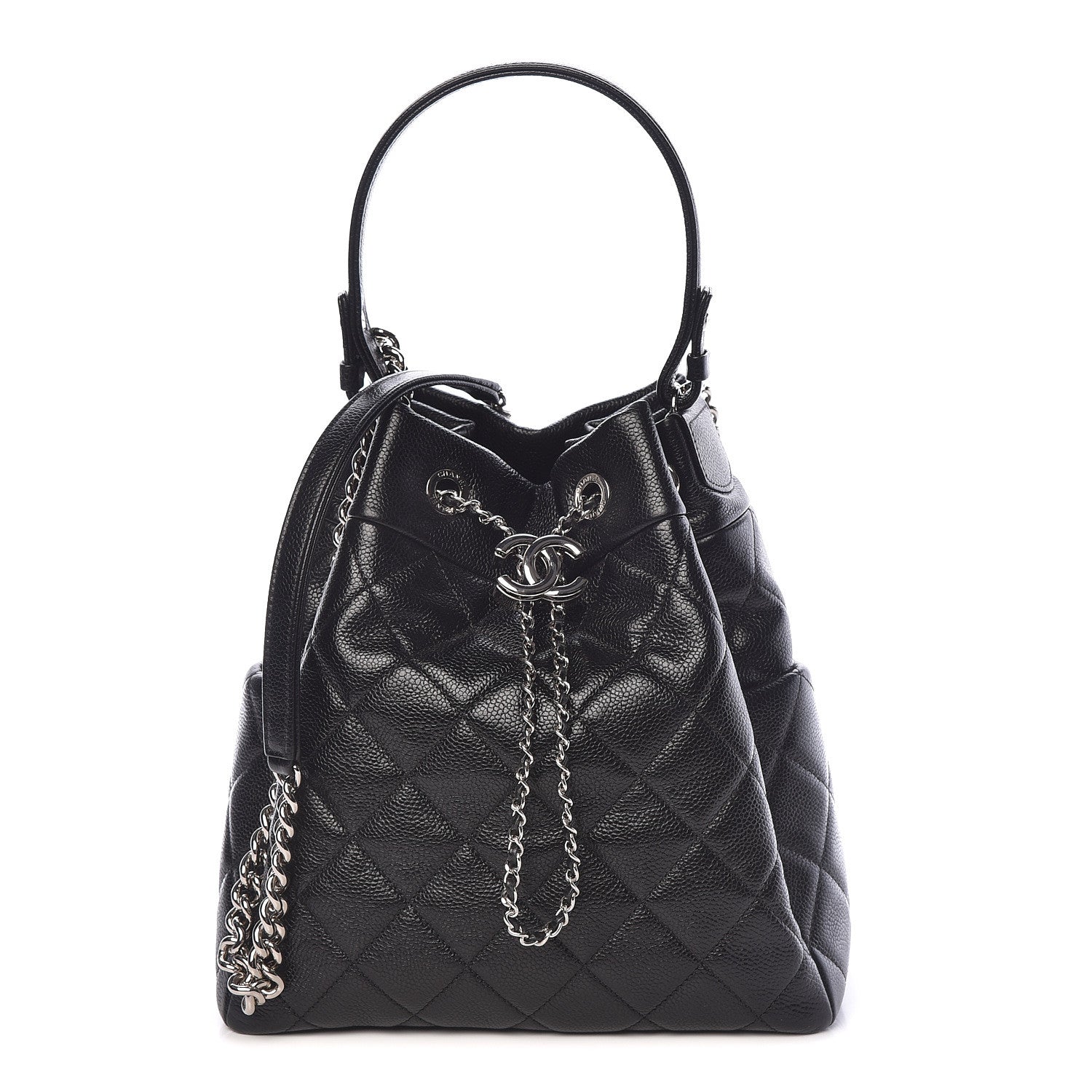 Chanel Grained Calfskin Quilted Medium CC Chain Bucket Drawstring Bag Black 1 of 11