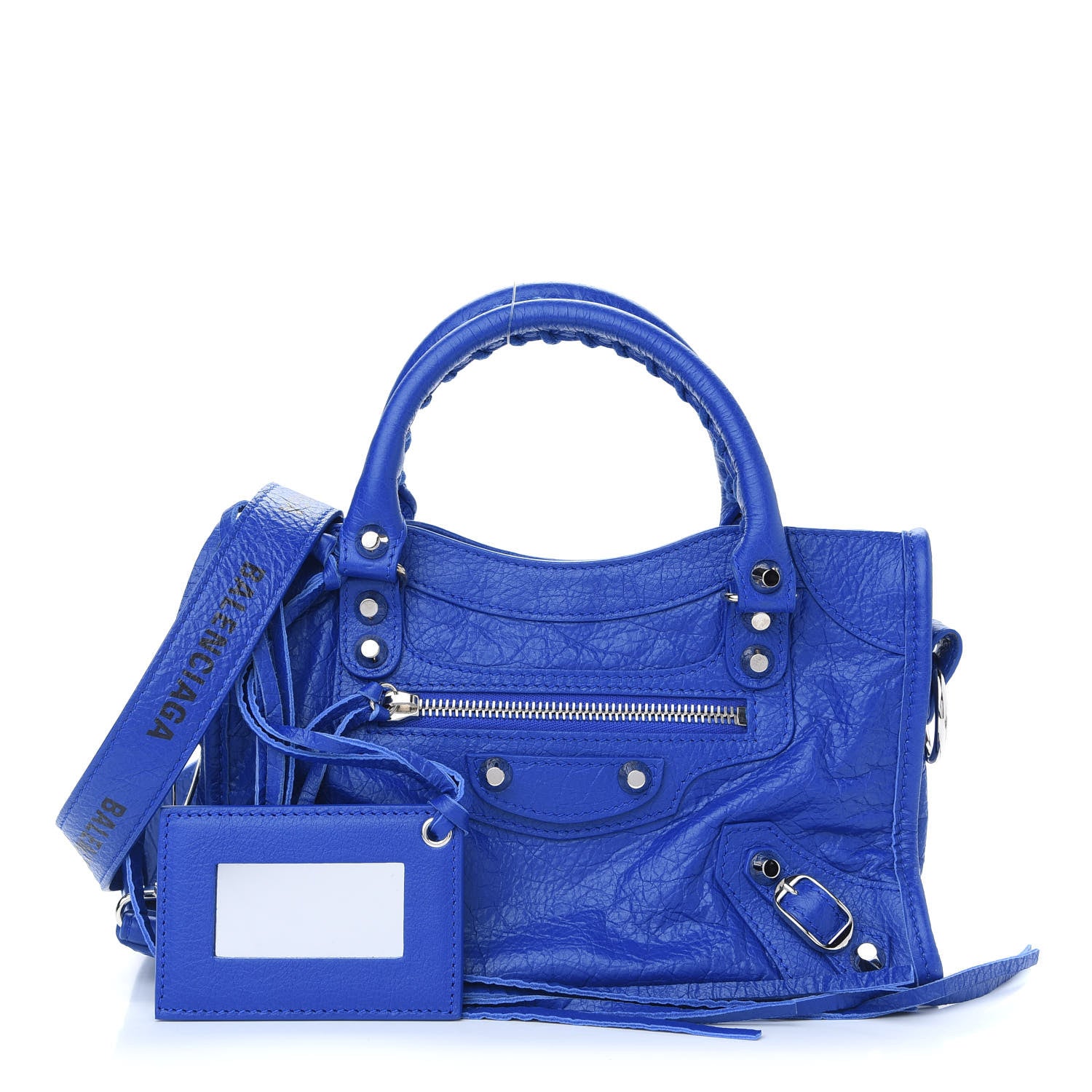 Balenciaga Agneau Classic Silver Hardware Mini City Logo Strap Bleu Electric Black 1 of 9