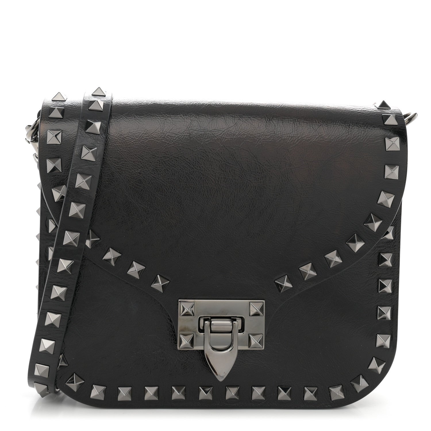 Valentino Garavani Craquele Calfskin Rockstud Shoulder Flap Messenger Bag Black 1 of 11