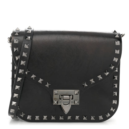 Valentino Garavani Craquele Calfskin Rockstud Shoulder Flap Messenger Bag Black 1 of 11