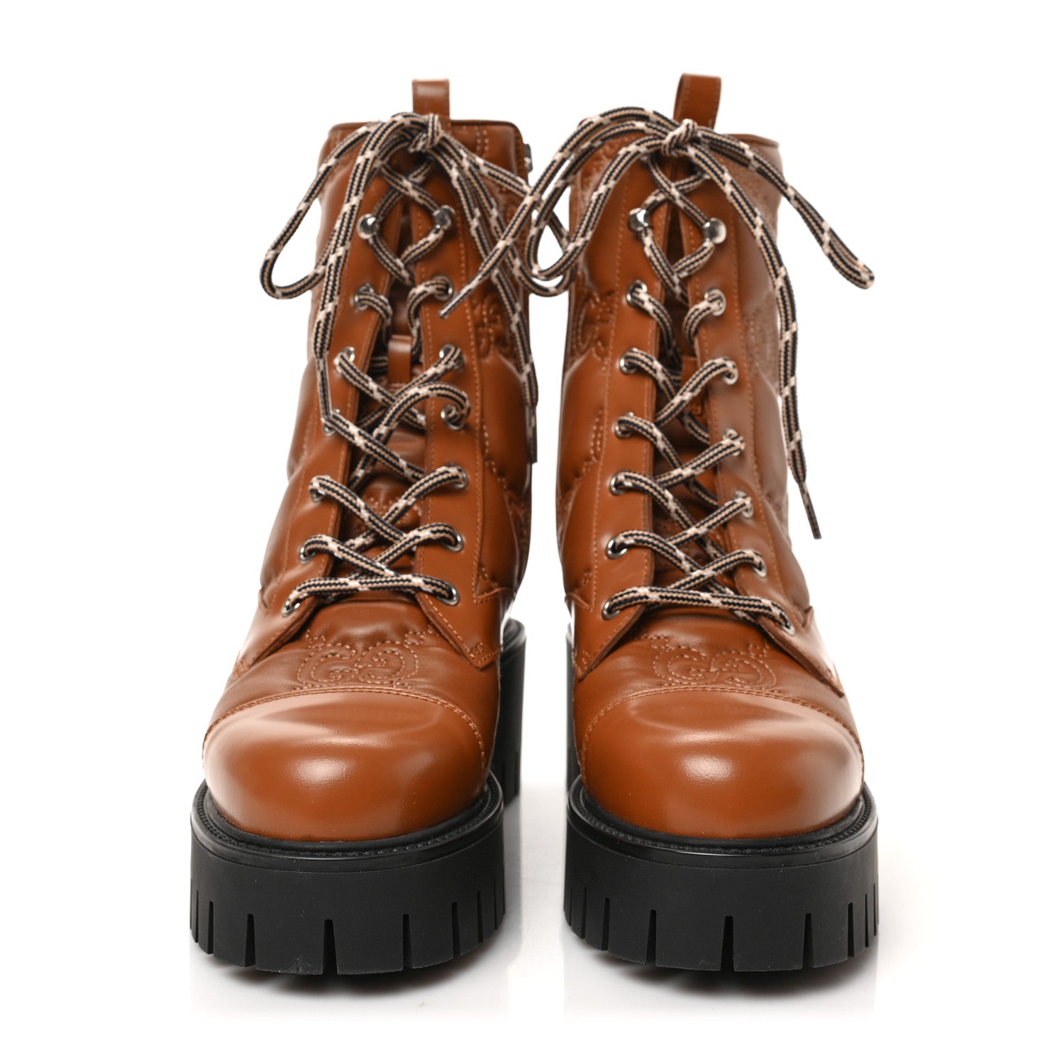Gucci Cordovan Lux Nappa GG Matelasse Lace Up 60mm Combat Boots 37.5 Dark Hazel Brown 2 of 6