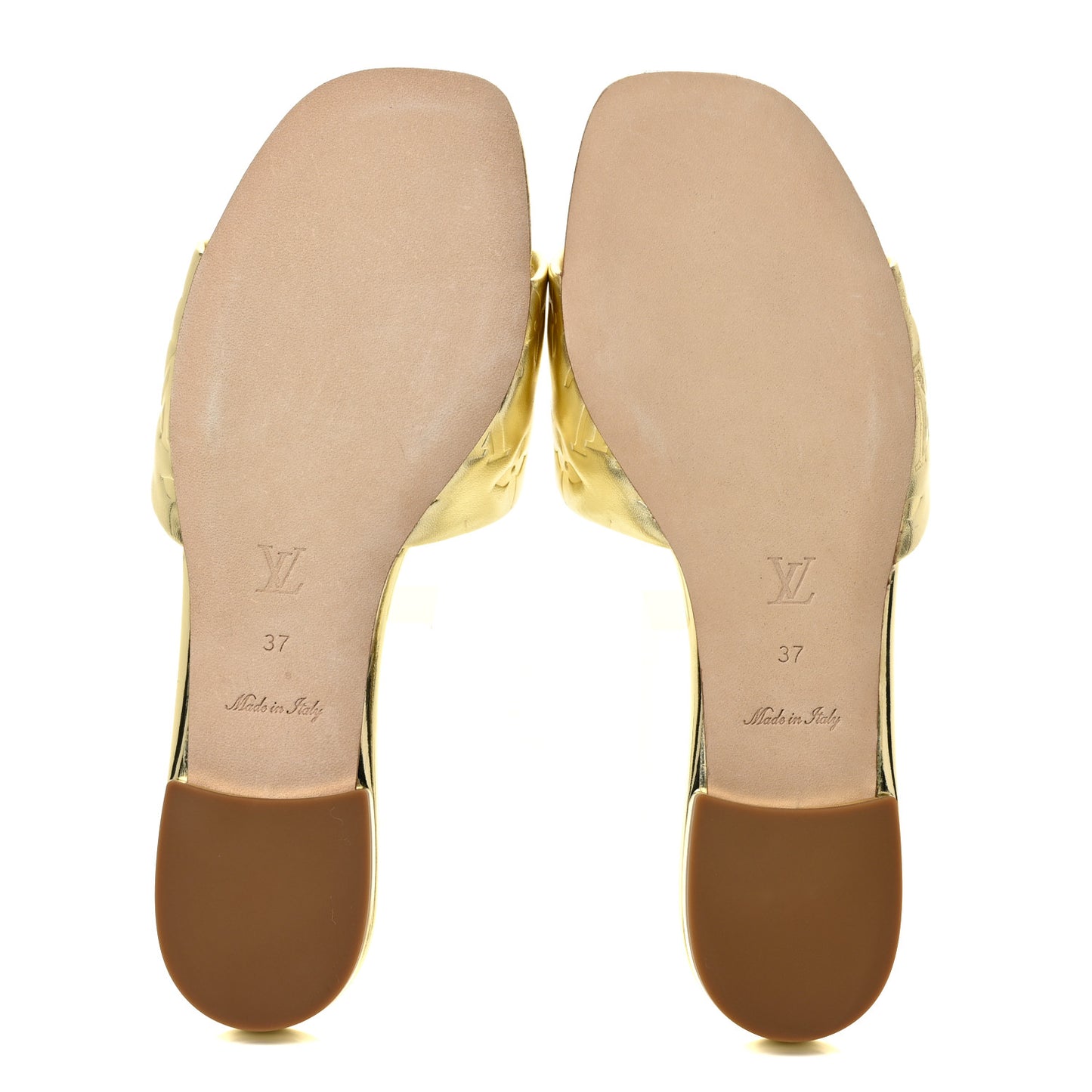 Metallic Lambskin Embossed Monogram Revival Flat Mules 37 Gold
