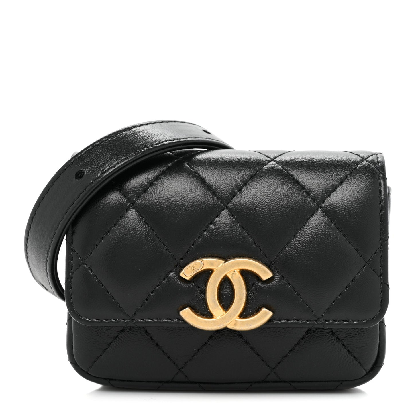 Lambskin Lacquered Metal Quilted Flap Chain Belt Bag Black