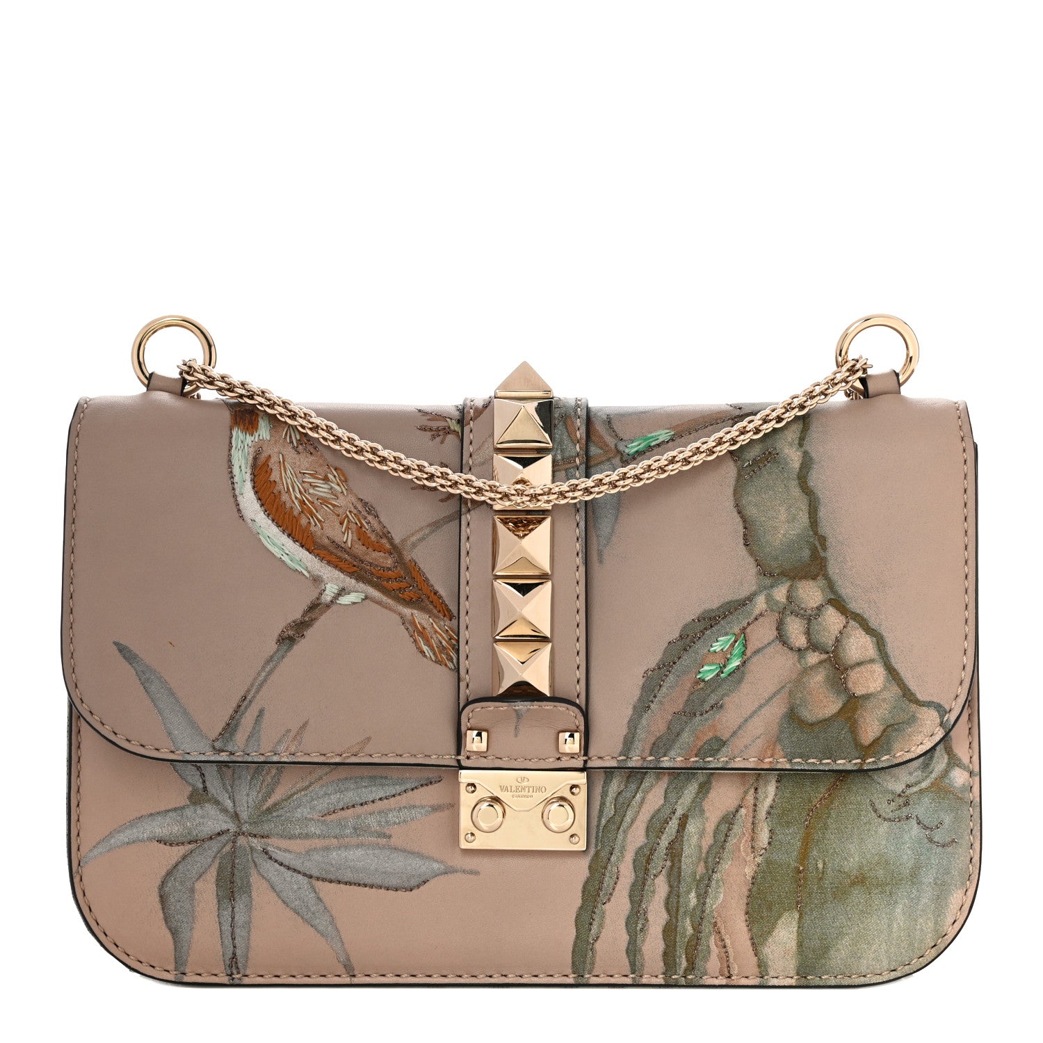 Valentino Garavani Vitello Embroidered Medium Glam Lock Rockstud Flap Beige 1 of 18