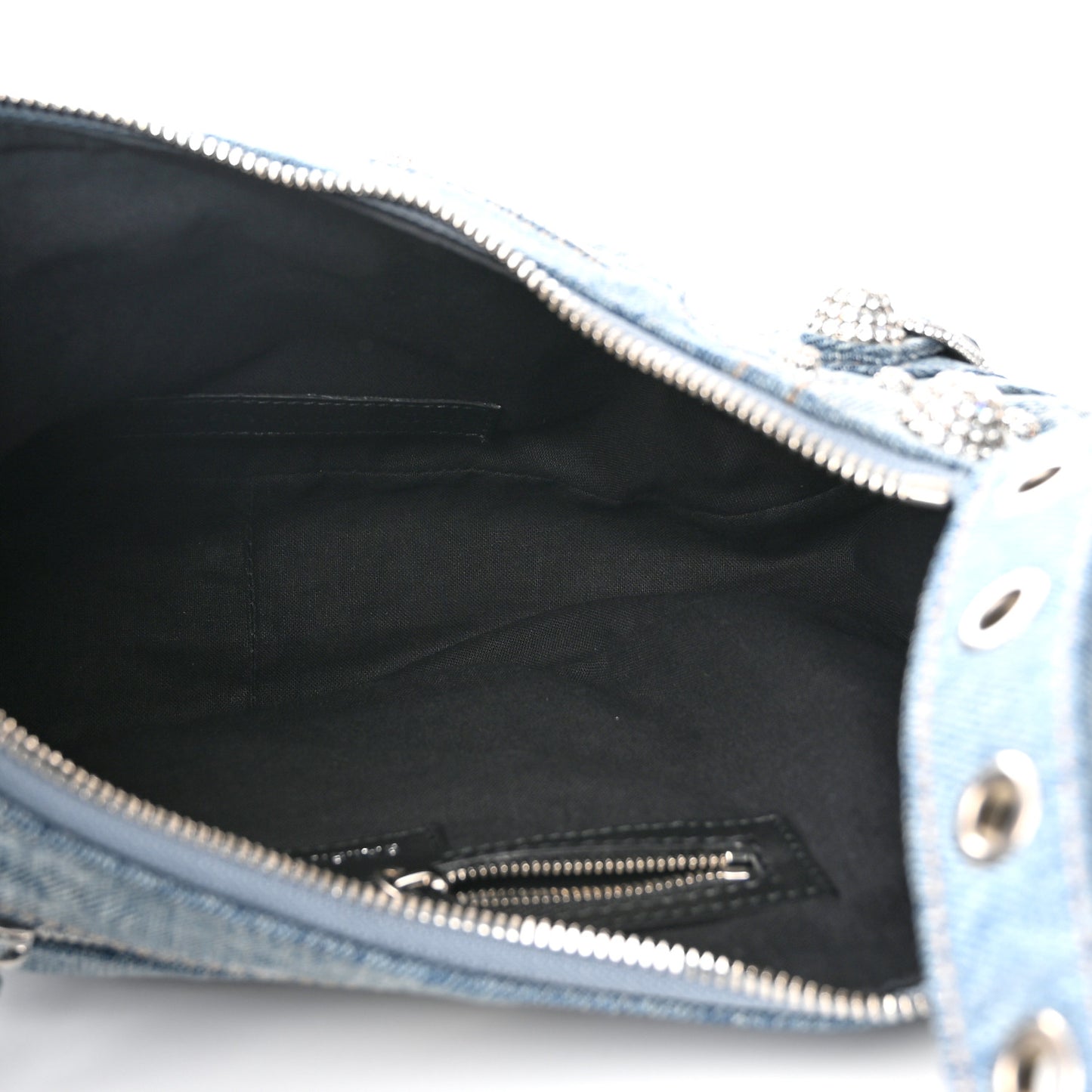 Washed Frayed Denim Crystal Small Le Cagole Shoulder Bag Blue