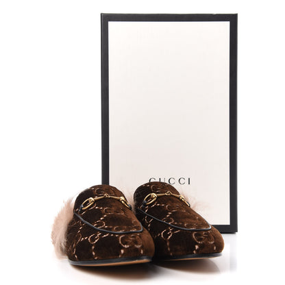 Gucci Velvet GG Monogram Fur Womens Princetown Slippers 39 Brown Black Natural 10 of 10