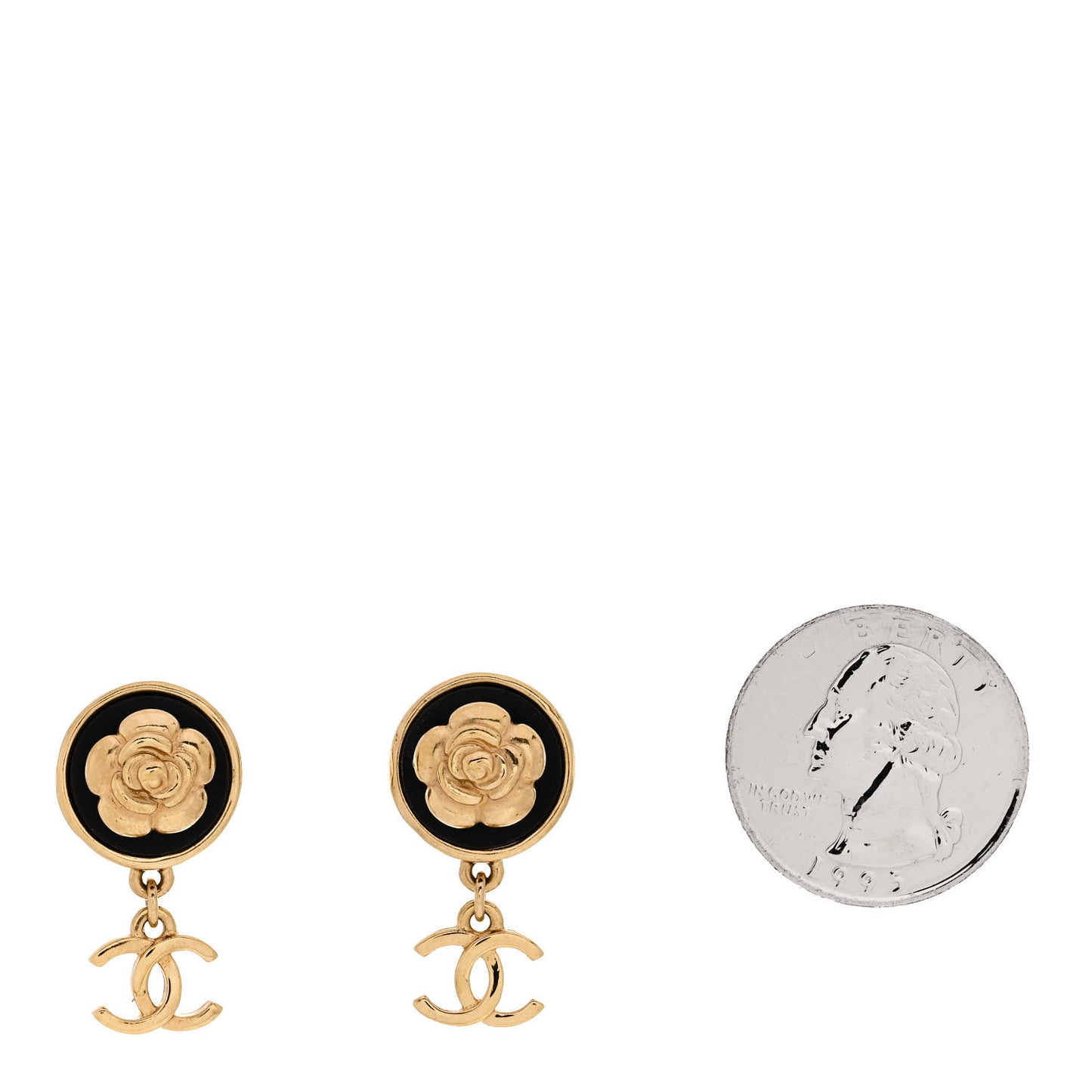 Metal Lambskin Camellia CC Drop Earrings Gold Black