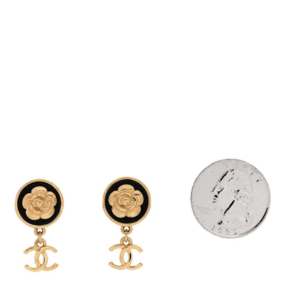 Chanel Metal Lambskin Camellia CC Drop Earrings Gold Black 2 of 4