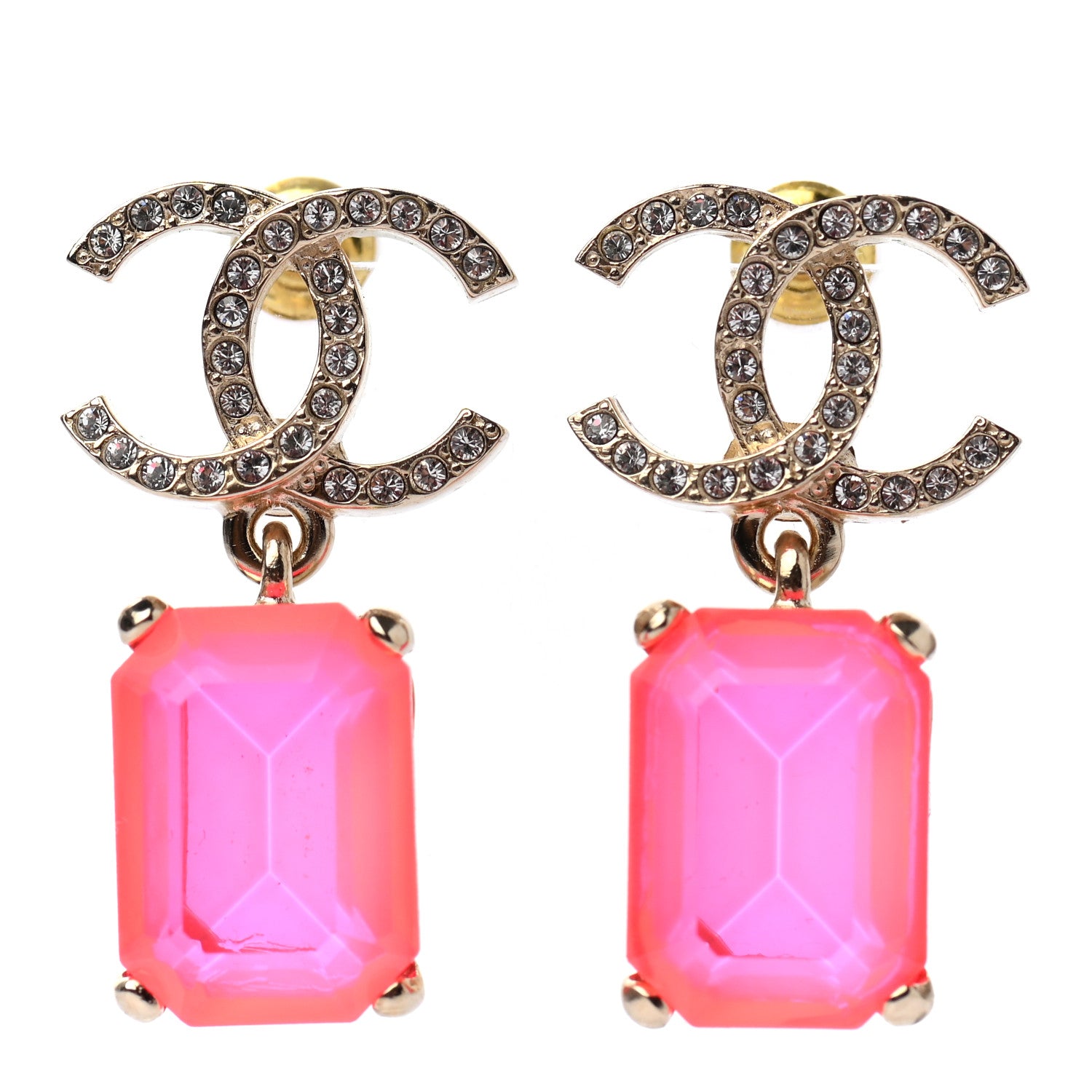 Chanel Metal Crystal CC Earrings Gold Pink 1 of 5
