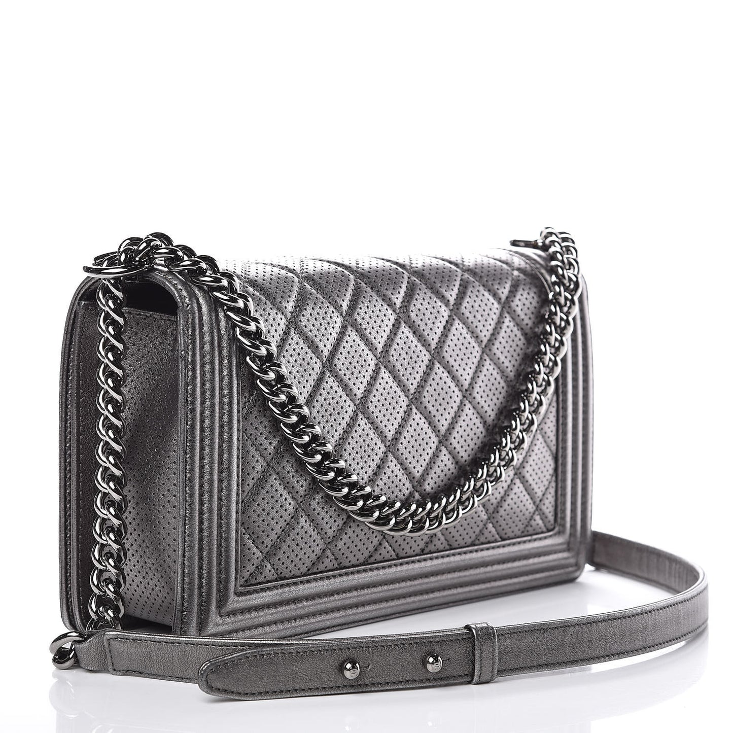 Metallic Lambskin Perforated New Medium Boy Flap Dark Silver